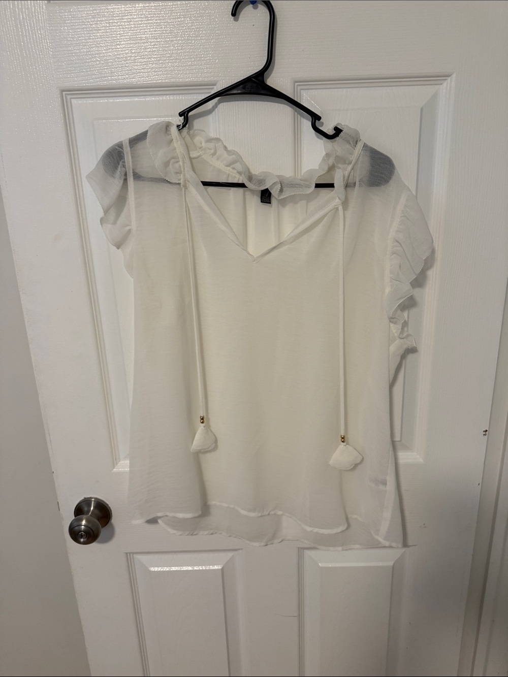 Ruffle Tie-Neck White Blouse with Flutter Sleeves